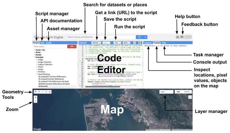 Annotated Google Earth Engine Code Editor interface